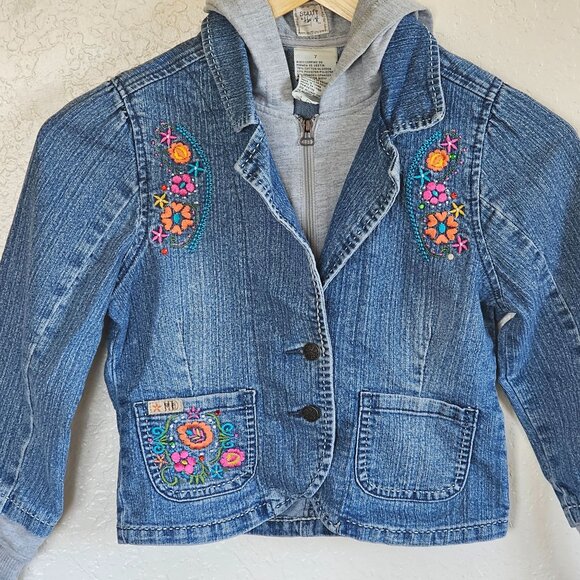Girl Denim Jacket Sz 7 Embroidered Floral Design Gray Hoodie Stuff Hillary Duff - Picture 3 of 7